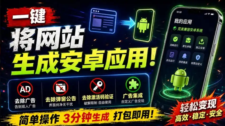 目前最好用,一键将网站生成安卓应用!支持去除广告、弹窗公告、激活码验证、广告集成等web-to-app-聚力云网创
