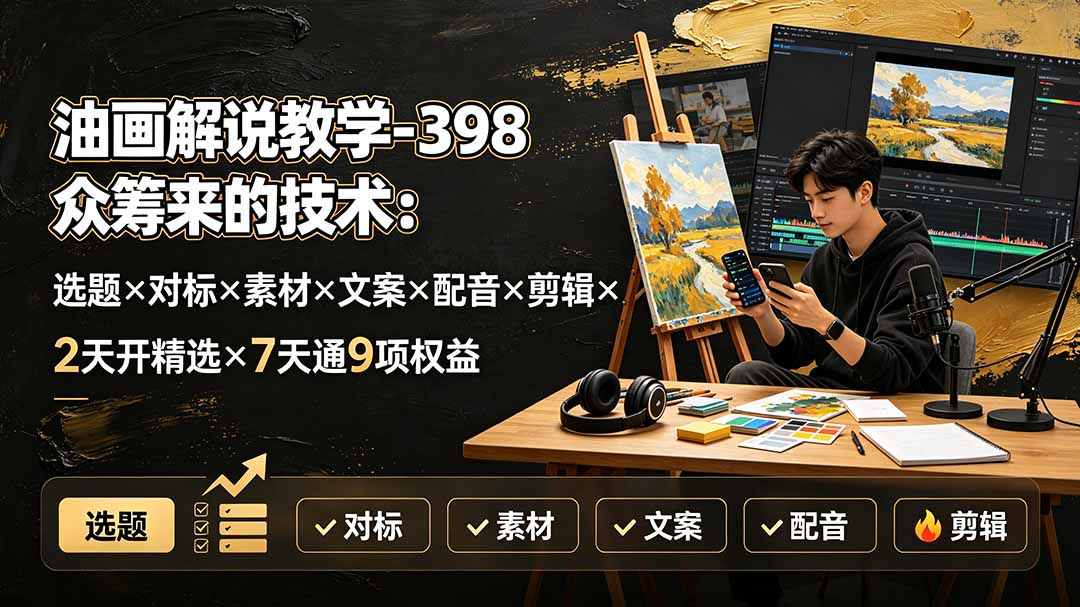 油画解说教学-398众筹来的技术:选题×对标×素材×文案×配音×剪辑×2天开精选×7天通9项权益-聚力云网创