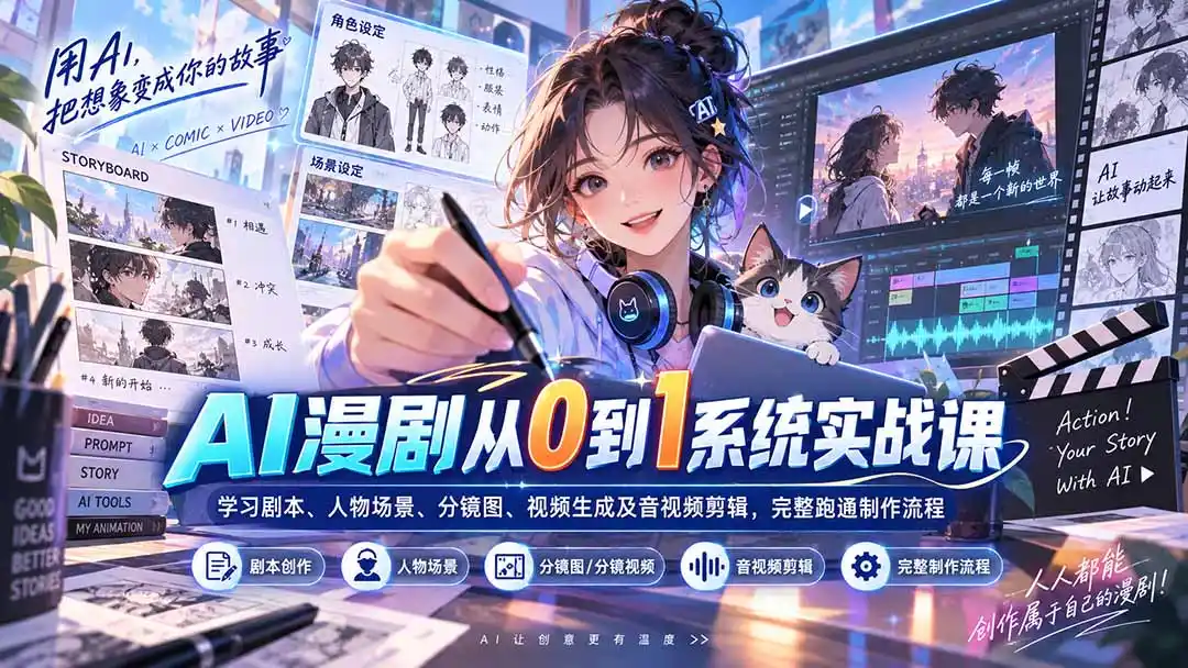 AI漫剧从0到1系统实战课:学习剧本、人物场景、分镜图、视频生成及音视频剪辑,完整跑通制作流程-聚力云网创