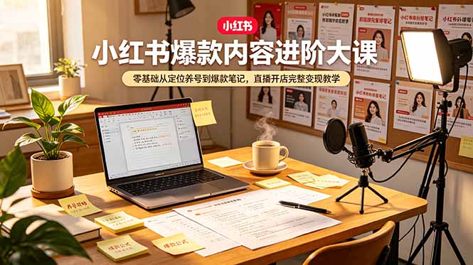 小红书爆款内容进阶大课，零基础从定位养号到爆款笔记，直播开店完整变现教学-聚力云网创