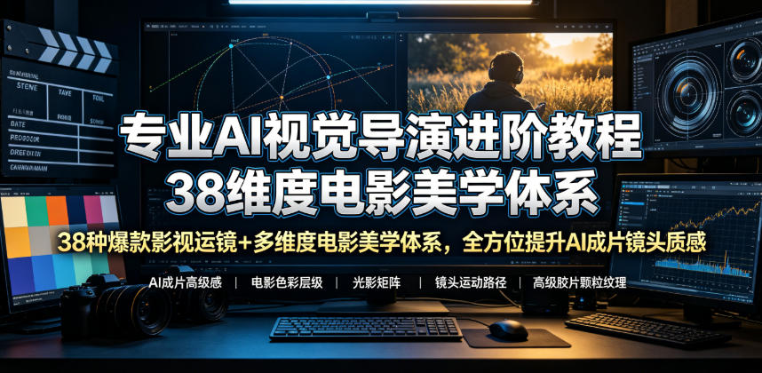 专业AI视觉导演进阶教程，38种爆款影视运镜+多维度电影美学体系，全方位提升AI成片高级感与镜头质感-聚力云网创