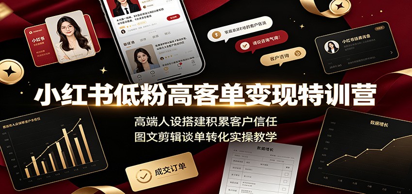 小红书低粉高客单变现特训营：高端人设搭建积累客户信任，图文剪辑谈单转化实操教学-聚力云网创