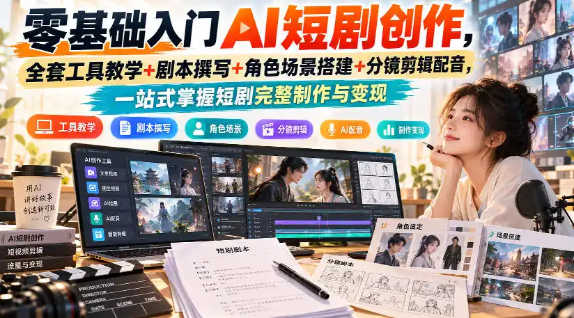 零基础入门AI短剧创作，全套工具教学+剧本撰写+角色场景搭建+分镜剪辑配音，一站式掌握短剧完整制作与变现-聚力云网创