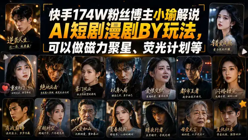 快手174W粉丝博主小瑜解说AI短剧漫剧搬运玩法,可以做磁力聚星、荧光计划等-聚力云网创
