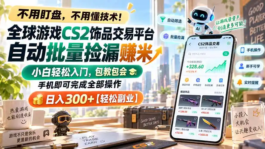 全球游戏CS2饰品交易平台自动批量捡漏赚米,小白轻松入门,包教包会,手机即可完成全部操作,日入300+【轻松副业】-聚力云网创