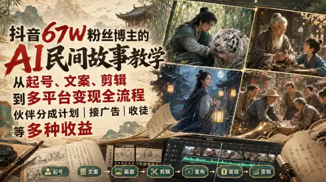 抖音67W粉丝博主的AI民间故事教学,从起号、文案、剪辑到多平台变现全流程,伙伴分成计划接广告等多种收益,月入1W+-聚力云网创