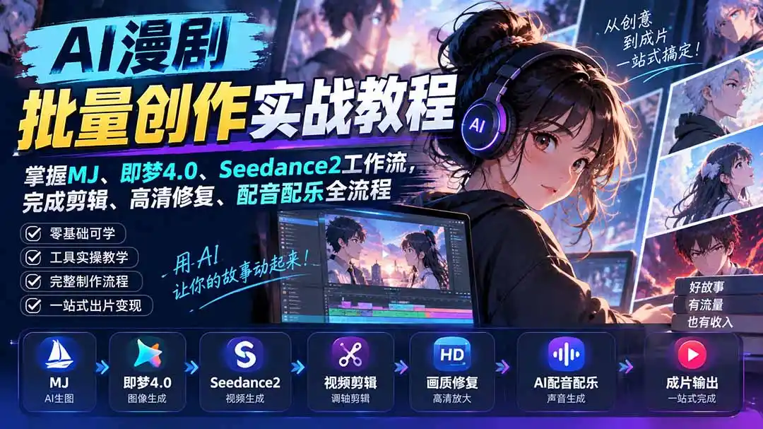 AI漫剧批量创作实战教程：掌握MJ、即梦4.0、Seedance2工作流，完成剪辑、高清修复、配音配乐全流程-聚力云网创