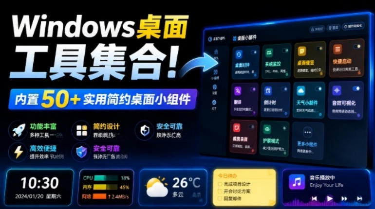 Windows桌面工具集合!内置50+实用简约桌面小组件,含截图、录屏、翻译、天气等,多秘工具箱-聚力云网创