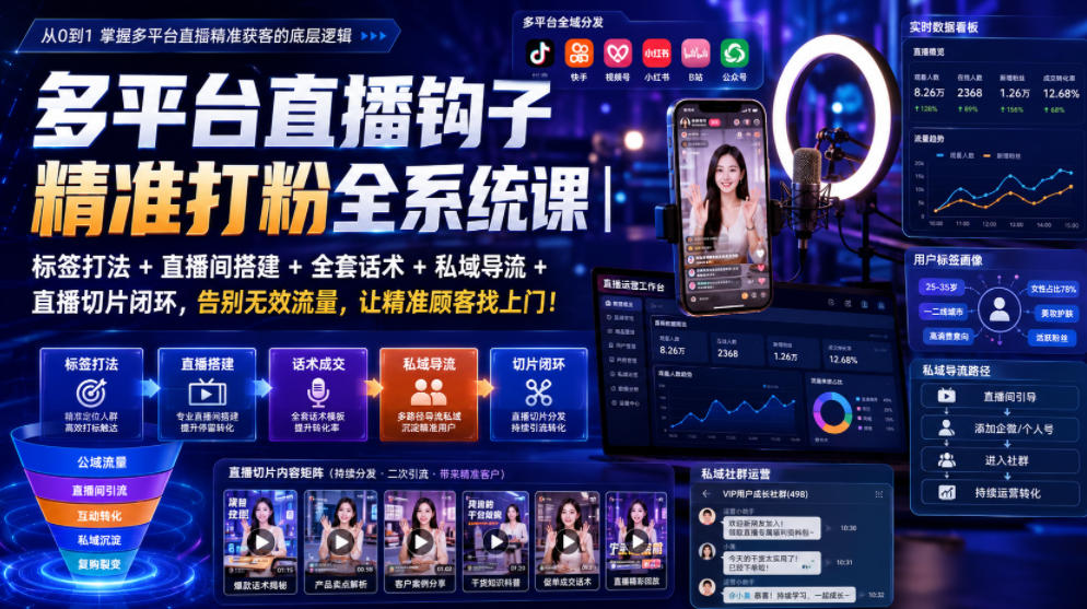 多平台直播钩子精准打粉全系统课|标签打法+直播间搭建+全套话术+私域导流+直播切片闭环,告别无效流量,让精准顾客找上门!-聚力云网创