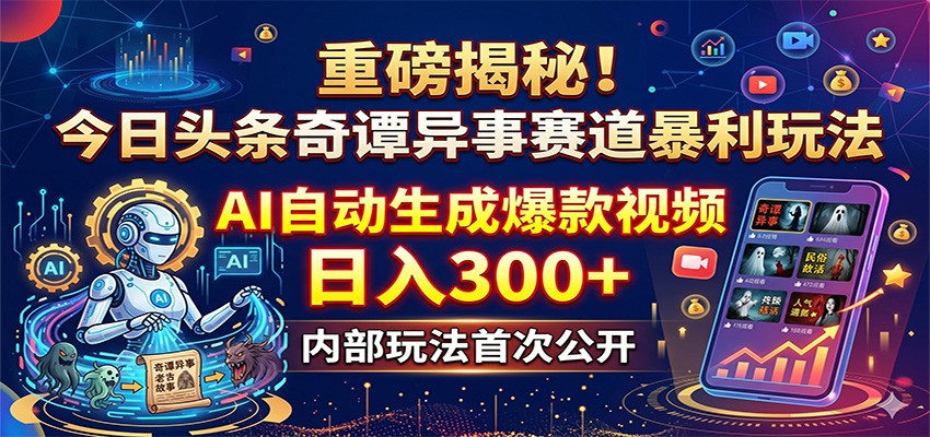 重磅揭秘！今日头条奇谭异事赛道暴利玩法：AI自动生成爆款视频，日入300+-聚力云网创