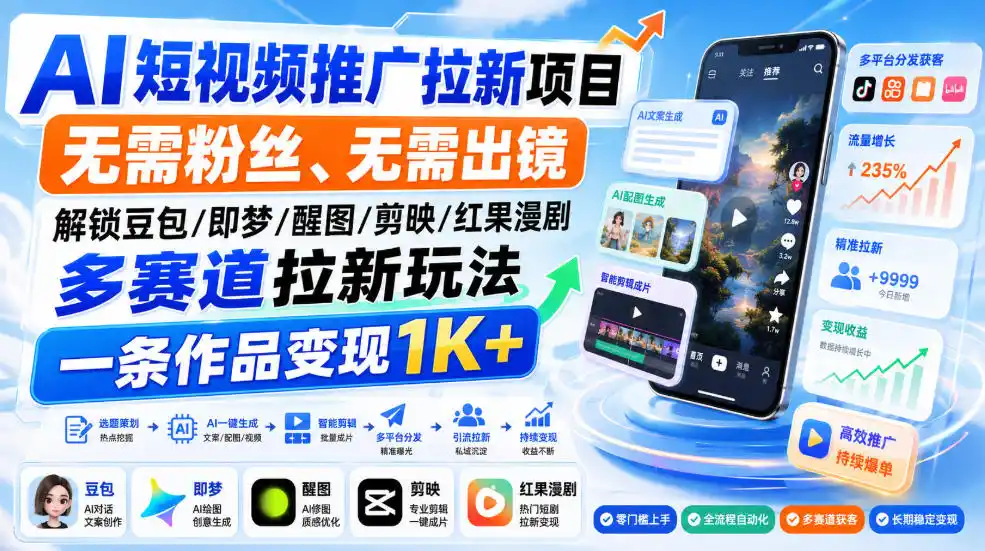 AI短视频推广拉新项目，无需粉丝、无需出镜，解锁豆包/即梦/醒图/剪映/红果漫剧多赛道拉新玩法，一条作品变现1K+(更新0918)-聚力云网创