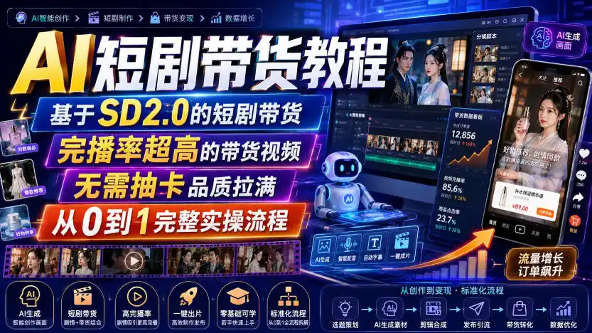 AI短剧带货教程，基于SD2.0的短剧带货，完播率超高的带货视频，无需抽卡品质拉满，从0到1完整实操流程-聚力云网创