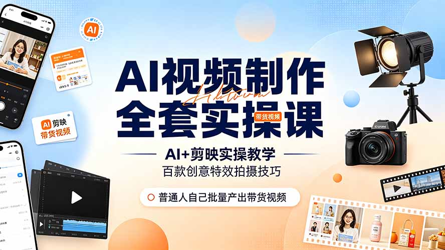 AI视频制作全套实操课，多款AI工具搭配剪映教学，百种特效运镜拍摄实操，抖音账号带货运营全覆盖-聚力云网创