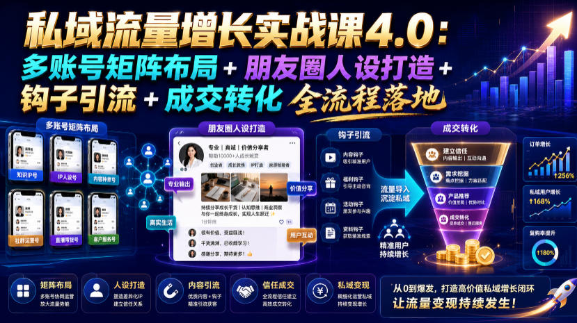 私域流量增长实战课4.0:多账号矩阵布局+朋友圈人设打造+钩子引流+成交转化全流程落地-聚力云网创