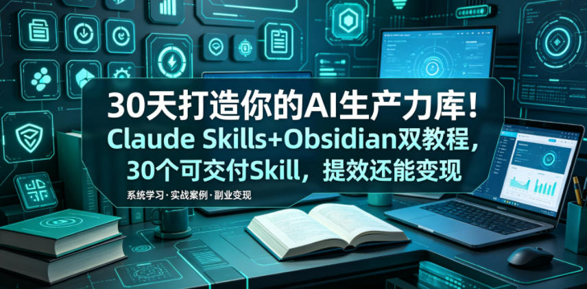 30天打造你的AI生产力库！Claude Skills+Obsidian 双教程，30 个可交付 Skill，提效还能变现-聚力云网创