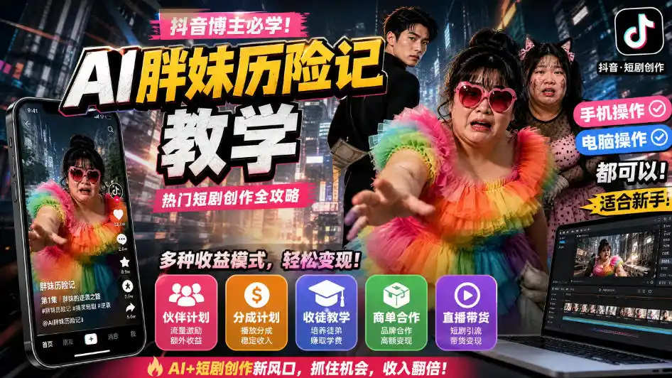 抖音博主的AI胖妹历险记教学，伙伴计划+分成计划+收徒+商单等多种收益，适合新手，手机电脑都可以操作-聚力云网创