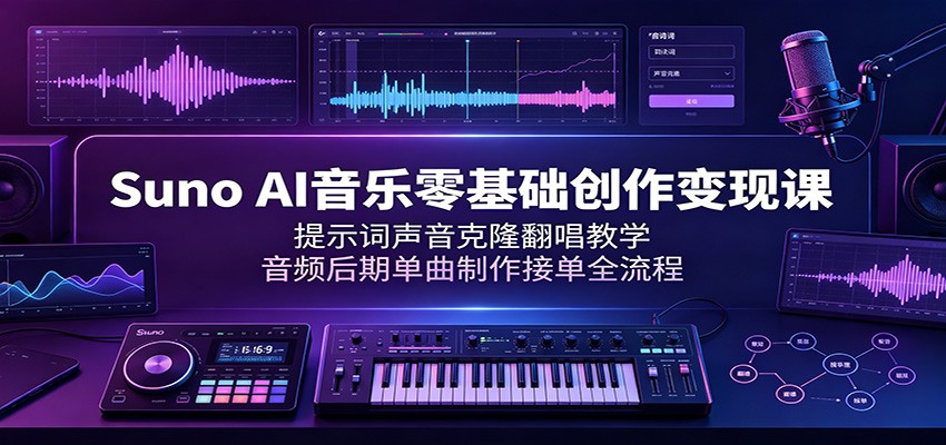 Suno AI音乐零基础创作变现课：提示词声音克隆翻唱教学，音频后期单曲制作接单全流程-聚力云网创