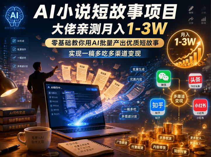 AI小说短故事项目，大佬亲测月入1-3W，零基础教你用AI批量产出优质短故事，实现一稿多吃多渠道变现-聚力云网创
