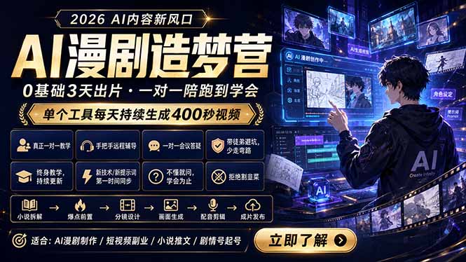 AI漫剧造梦营:0基础3天出片,单个工具每天持续生成400秒视频-聚力云网创
