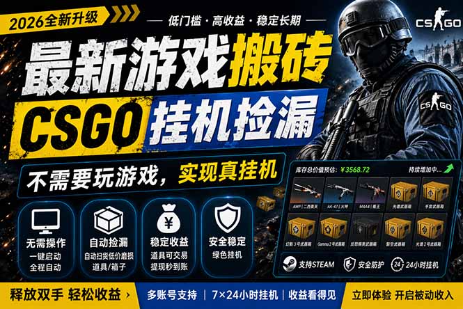 最新游戏搬砖，CSGO纯挂机，不需要玩游戏，实现真挂机，月入1W+，五一小高峰上车可吃肉，…-聚力云网创