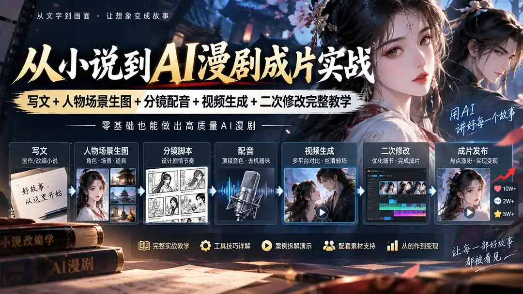 从小说到AI漫剧成片实战：写文+人物场景生图+分镜配音+视频生成+二次修改完整教学-聚力云网创
