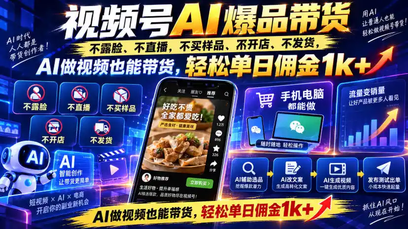 视频号Ai爆品带货，不露脸、不直播、不买样品、不开店、不发货，AI做视频也能带货，轻松单日佣金1k+-聚力云网创