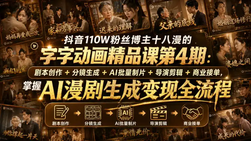 抖音110W粉丝博主十八漫的字字动画精品课第4期：剧本创作+分镜生成+剪辑+商业接单，掌握AI漫剧生成变现全流程(更新0916)-聚力云网创