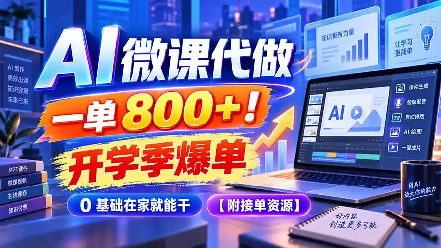AI 微课代做，一单 800+！开学季爆单，0 基础在家就能干【附接单资源】-聚力云网创