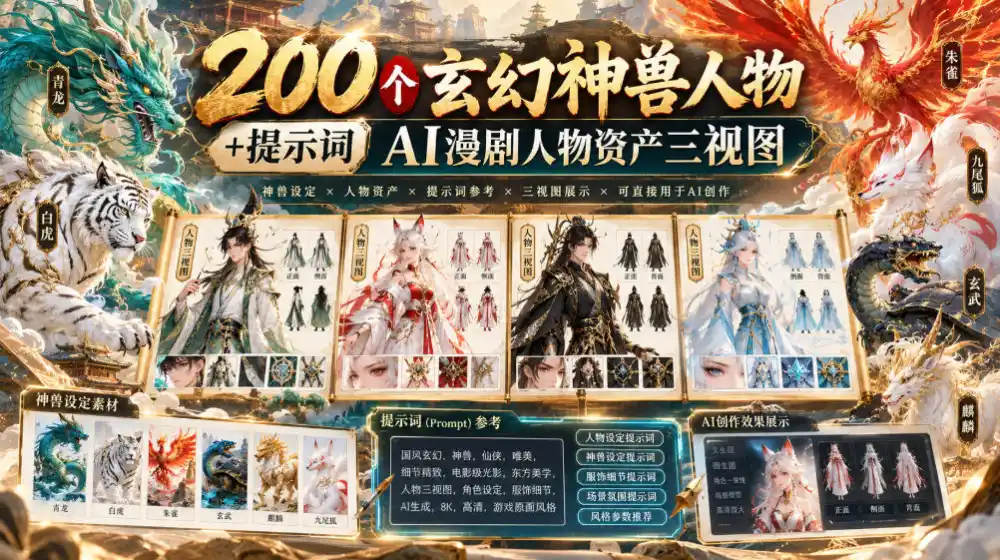 200个玄幻神兽人物+提示词ai漫剧人物资产三视图-聚力云网创