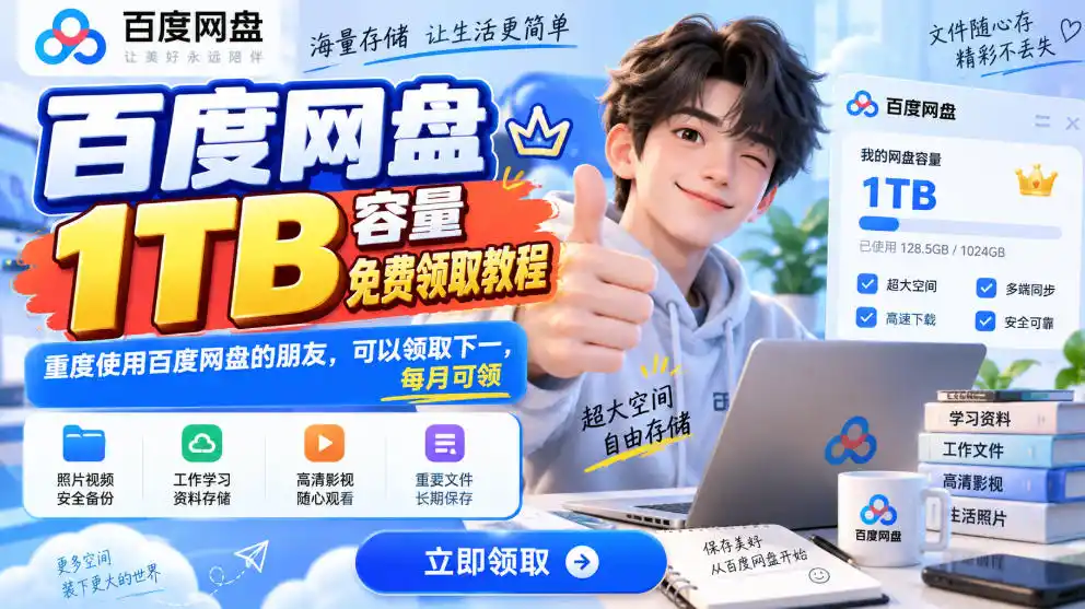 百度网盘1TB容量免费领取教程,重度使用百度网盘的朋友,可以领取下一,每月可领-聚力云网创