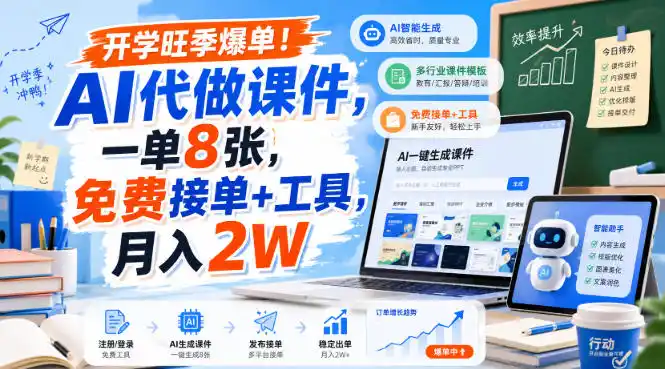 开学旺季爆单!AI代做课件,一单8张,免费接单+工具,月入2W【揭秘】-聚力云网创