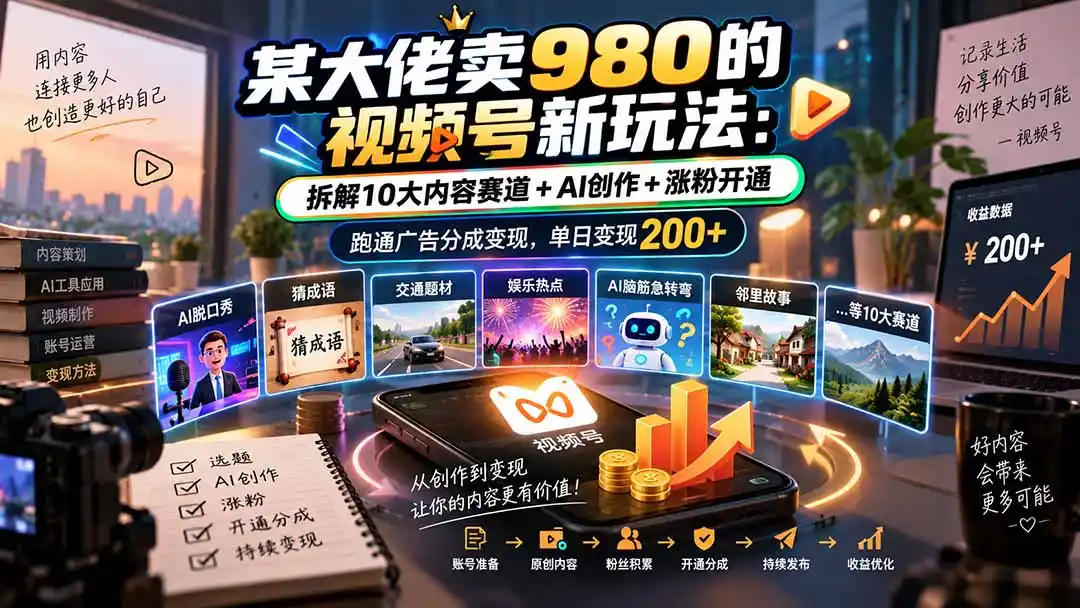 某大佬卖980的视频号新玩法：拆解10大内容赛道+AI创作+涨粉开通，跑通广告分成变现，单日变现200+-聚力云网创