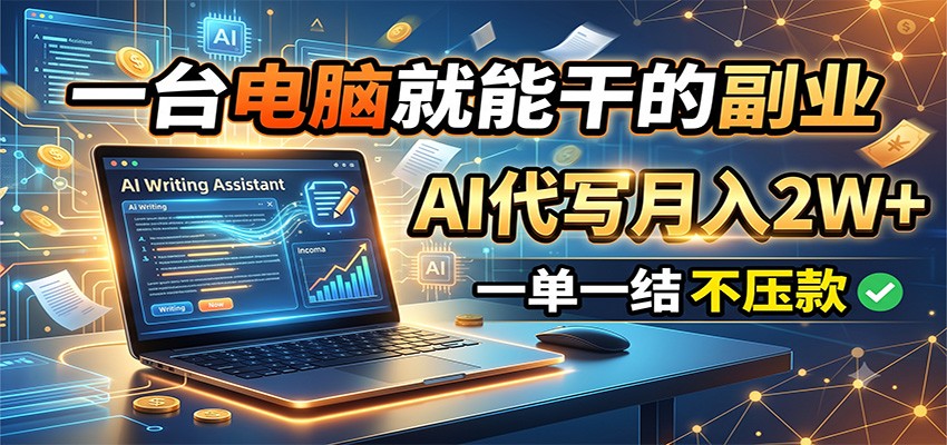 一台电脑就能干的副业，AI代写月入2W+，一单一结不压款-聚力云网创