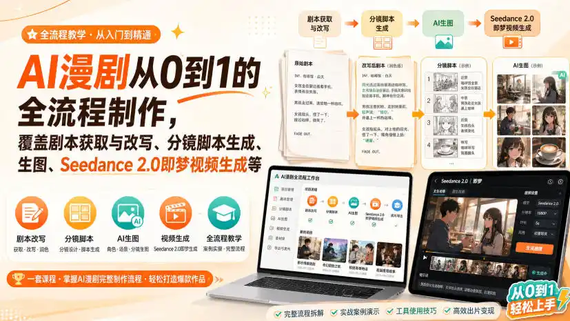 AI漫剧从0到1的全流程制作,覆盖剧本获取与改写、分镜脚本生成、角色场景生图与三视图、Seedance 2.0即梦视频生成(PDF版)-聚力云网创