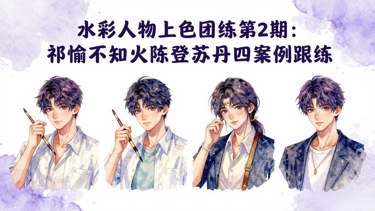 水彩人物上色团练第2期：祁煜不知火陈登苏丹四案例跟练，手把手提升绘画能力-聚力云网创