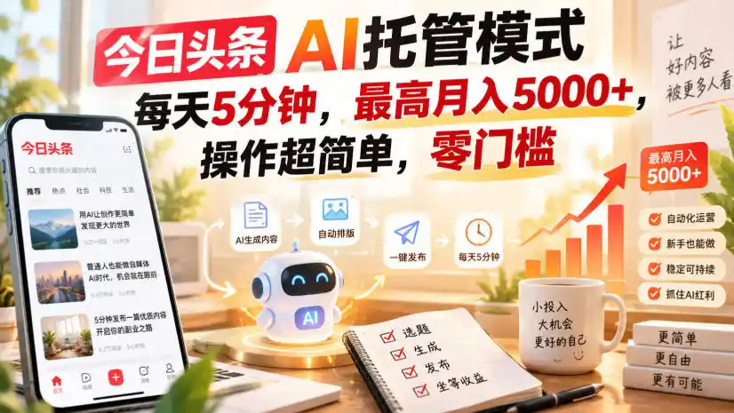 今日头条AI托管模式,每天5分钟,最高月入5000+,操作超简单,零门槛【揭秘】-聚力云网创