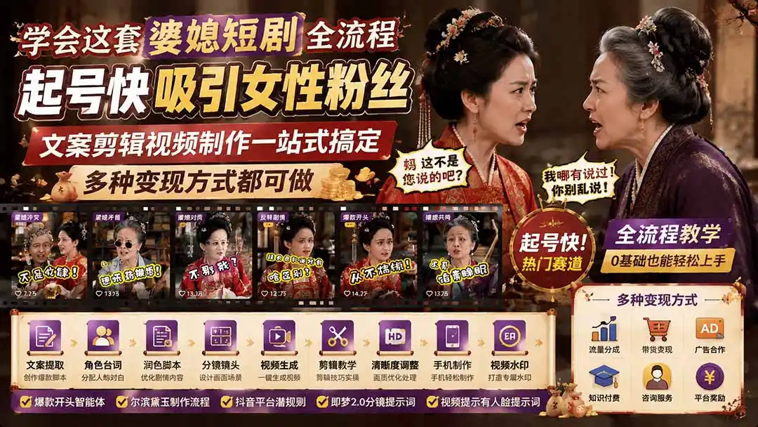学会这套婆媳短剧全流程:起号快吸引女性粉丝,文案剪辑视频制作一站式搞定,多种变现方式都可做-聚力云网创