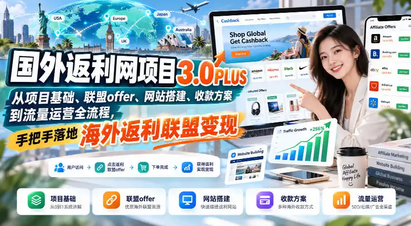国外返利网项目3.0PLUS,从项目基础、联盟offer、网站搭建、收款方案到流量运营全流程,手把手落地海外返利联盟变现-聚力云网创