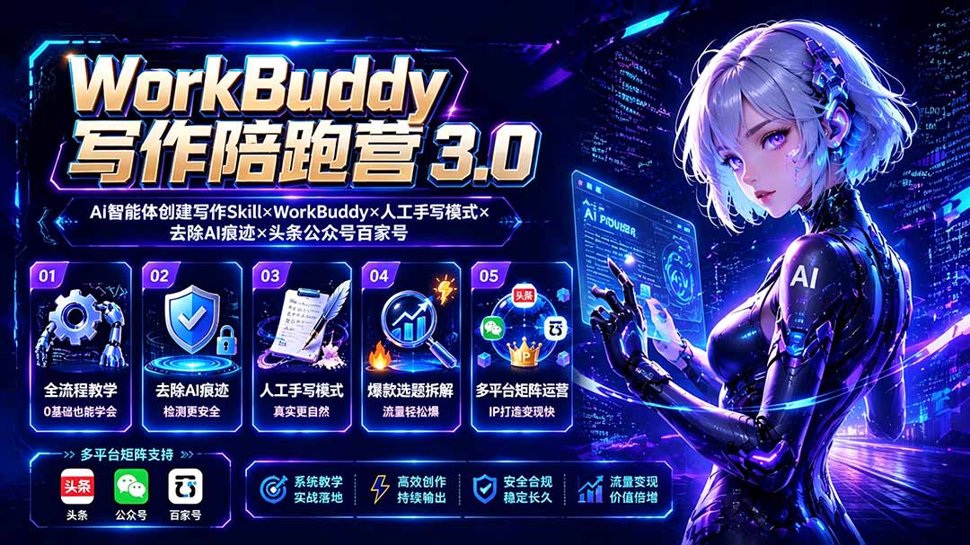 WorkBuddy写作陪跑营3.0-更新:Ai智能体创建写作Skill×WorkBuddy×人工手写模式×去除AI痕迹×头条公众号百家号-聚力云网创