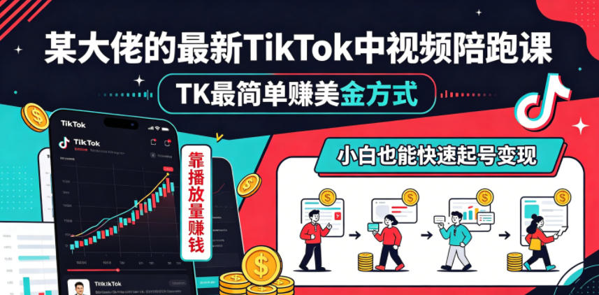 某大佬的最新TikTok中视频陪跑课，TK最简单賺美金方式，靠播放量賺钱，小白也能快速起号变现-聚力云网创