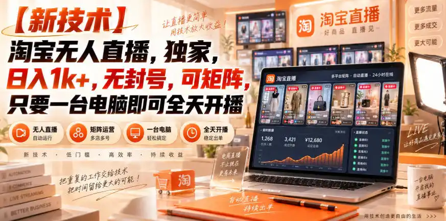 【独家新技术】淘宝无人直播,日入1k+,无封号,可矩阵,只要一台电脑即可全天开播【揭秘】-聚力云网创