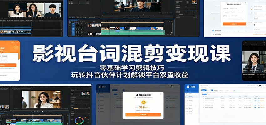 影视台词混剪变现课：零基础学习剪辑技巧，玩转抖音伙伴计划解锁平台双重收益-聚力云网创