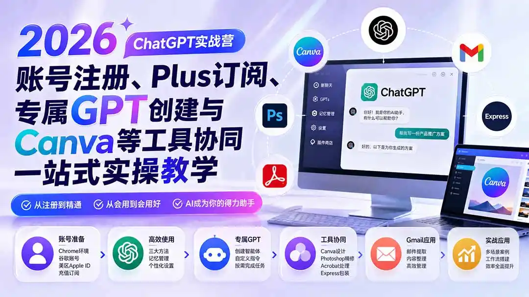 2026 ChatGPT实战营;账号注册、Plus订阅、专属GPT创建与Canva等工具协同一站式实操教学-聚力云网创
