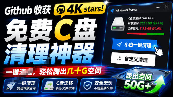 Github收获4K stars！免费C盘清理神器，轻松腾出几十G空间，支持C盘迁移Windows Cleaner-聚力云网创