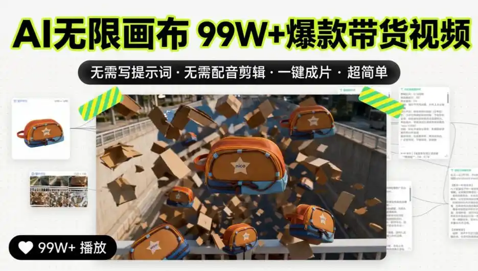 AI无限画布99W+爆款带货视频，无需写提示词·无需配音剪辑·一键成片·超简单-聚力云网创