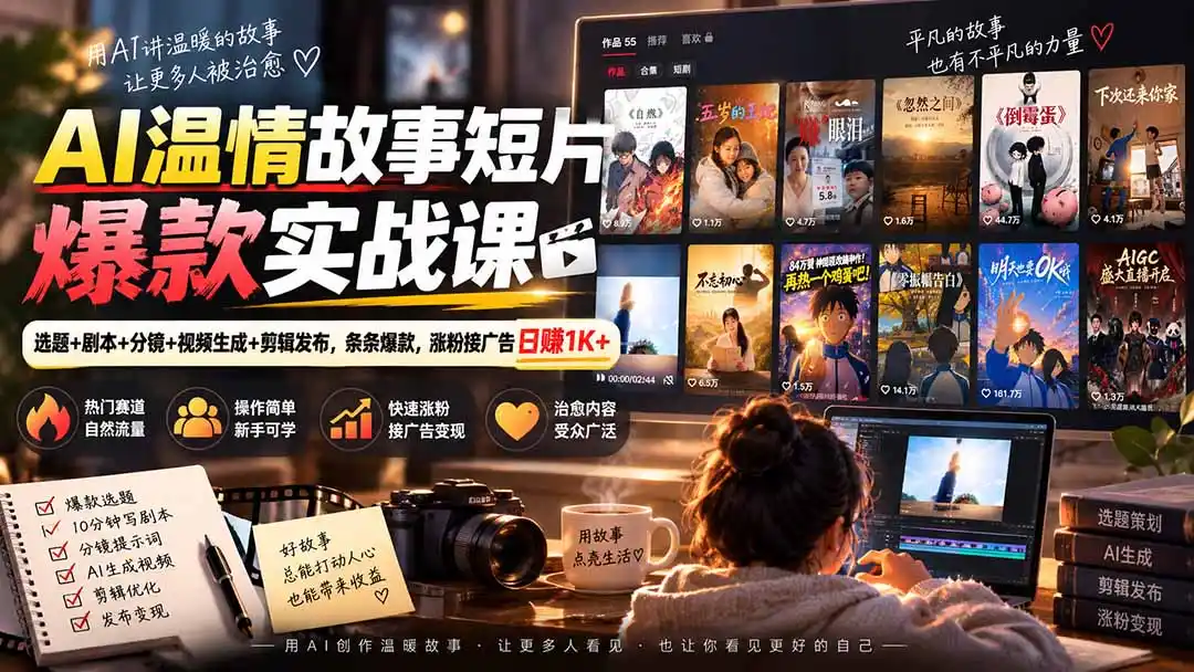 AI温情故事短片爆款实战课-更新|选题+剧本+分镜+视频生成+剪辑发布,条条爆款,涨粉接广告日赚1K+-聚力云网创
