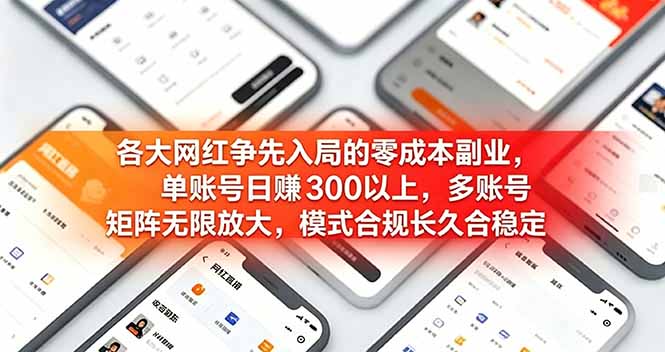 各大网红争先入局的零成本副业，单账号日赚 300 以上，多号矩阵可放大，模式合规长久稳定！-聚力云网创