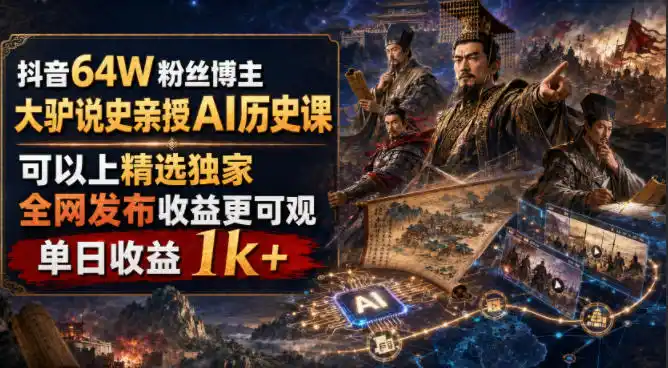 抖音64W粉丝博主大驴说史亲授AI历史课，可以上精选独家，全网发布收益更可观，单日收益1k+(更新)-聚力云网创