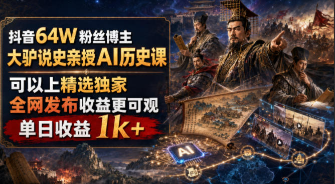 抖音64W粉丝博主大驴说史亲授AI历史课，可以上精选独家，全网发布收益更可观，单日收益1k+-聚力云网创
