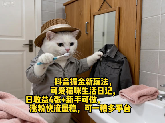 抖音掘金新玩法，可爱猫咪生活日记，日收益4张+新手可做，涨粉快流量稳，可一稿多平台-聚力云网创